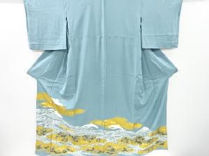 アンティーク　金彩荒波に鶴・松模様刺繍三つ紋単衣着物(比翼衿付き)